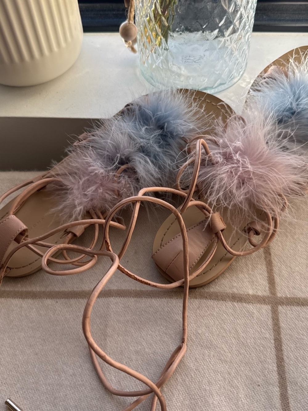 Zara Blush Pink Lace-Up Sandals with Pastel Fur Poms